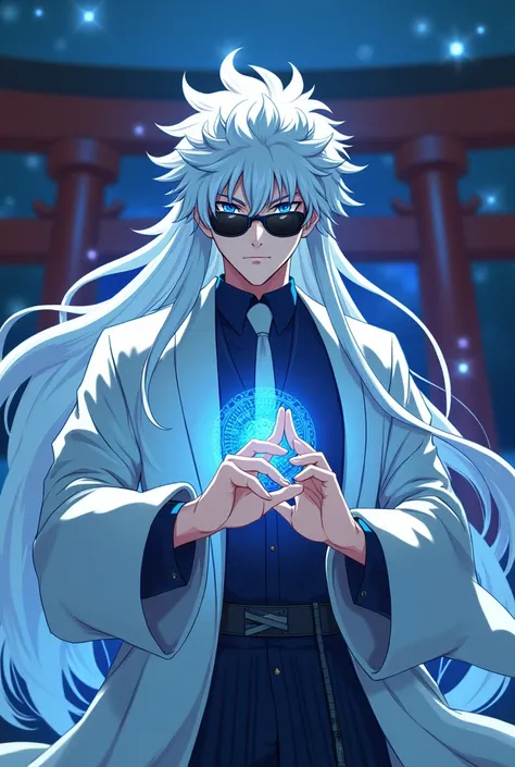 Draw a 20 year old Satoru Gojo, with the drawing style of Jujutsu Kaisen, Long white bristly hair, blue eyes, long white eyelashes, beautiful face, White skin, black sunglasses, making a hand seal to use his Domain expansion, with a Japanese temple behind ...