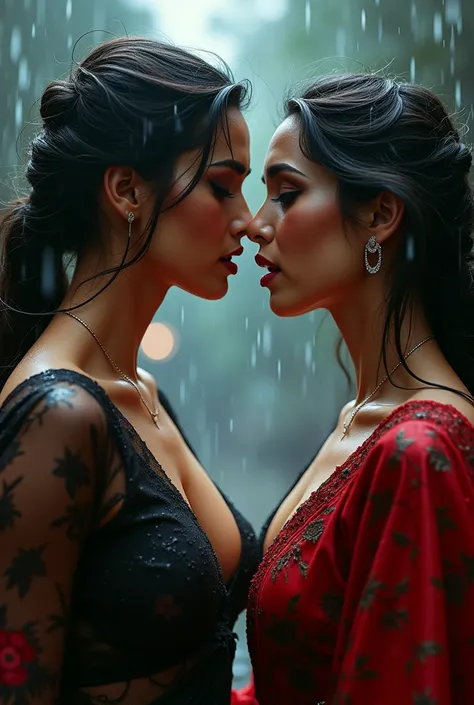 Two Pretty like princess, two sexy woman getting slapped by eachother in a dark, both are is getting tears from her eyes after getting slapped, both are wearing black red floral print saree on a black red floral print u neck short sleeve blouse, full body ...