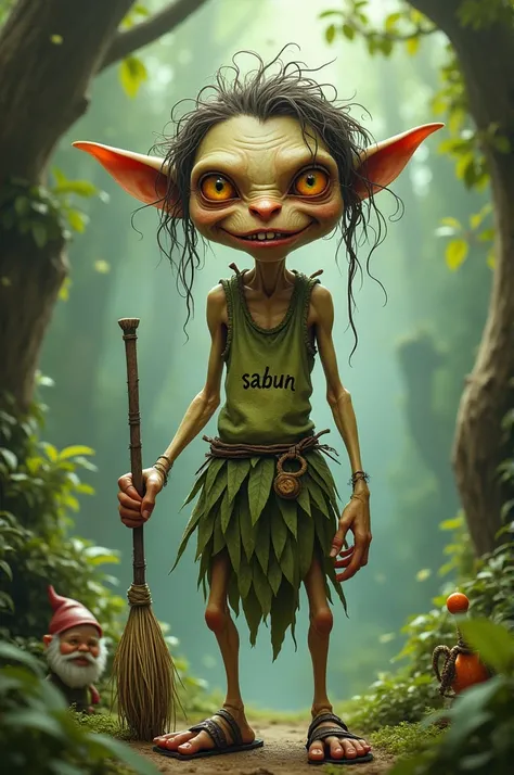 A full body potrait.A wierd thin Dirty goblin
,   holes gaps teeth  ,long mesy curly hair, wore torn lop green cloth ,  ,, wear treebark  singlet with written in black " SABUN "  and with dried leaves skirt and  wore sandel  hold a magic stick  , bunch of ...