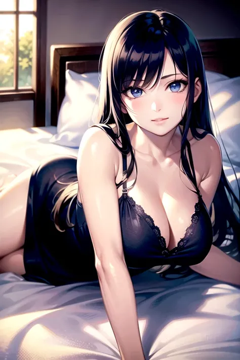 (photorealism:1.2), beautiful woman, Midnight blue eyes, long black hair Slight Waves hair, gentle face, sweet face, kind eyes, big chest, Black tight nightgown, anime,1 women,Lie on your side on the bed. 