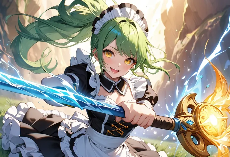 (Delicate and beautiful depiction style), (hand holding a detailed enchanted biggest axe) ((with many glowing Earth spirit Blessing)), (solo:2, 15 yo) (beautiful detailed ponytail) (beautiful glossy green hair long hair, beautiful hair accessories) (best a...