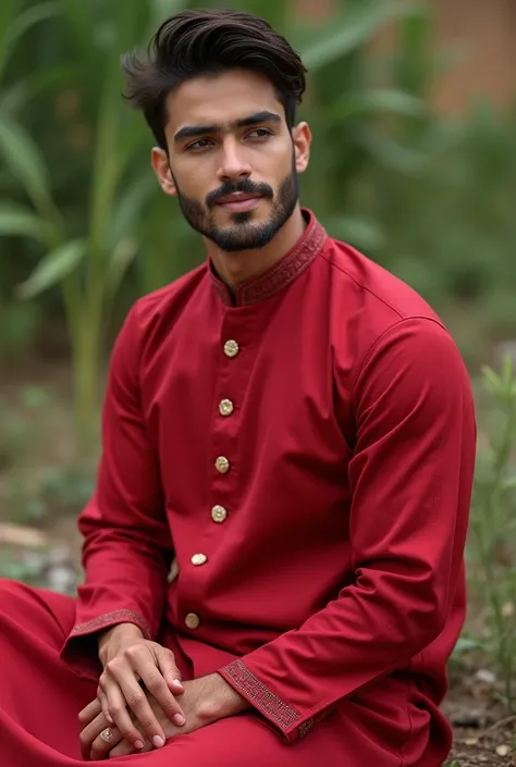 Panjabi is a men dress in india, Bangladesh. Make a pic of handsome model in plain redcolor panjabi sitting