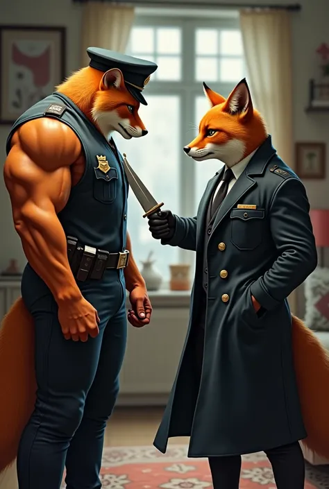 A orange body builder cat in human body wearing a police officer dress  walking in a room and a fox in human body wearing a long coat attack him with knife in hand