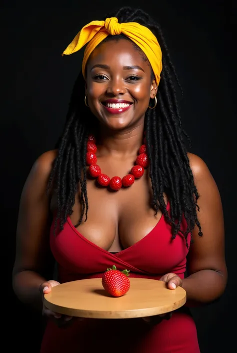 waist-up photo, a bit plump mulatto light round-faced, nice smile, with lush long dark dreadlocks, red beads on the neck, She is wearing a red dress, a yellow bandana is tied around the head, holds in his hands a large board with rounded edges on which lie...