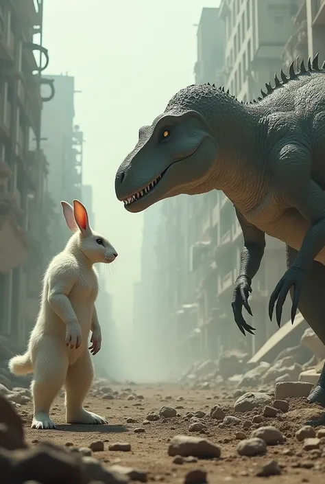 The White Rabbit stands firm amidst the ruins of the city, face to face with giant dinosaur. Big and determined rabbit, well defined muscles. Dinosaurs standing face to face, create a stark contrast. Surrounded by destroyed buildings, debris and dust.