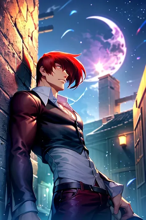 leaning back against the wall of a back alley, looking up at the sky, midnight, dark, night view, crescent moon, red hair, male,...