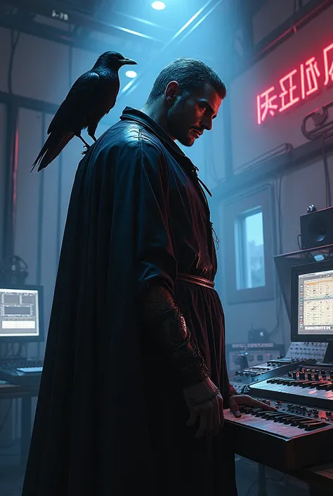 Satan with aa crow sitting at his shoulder in music studio cyberpunk 