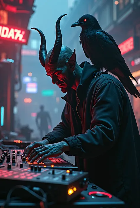 Satan making a beat with aa crow sitting at his shoulder in music studio cyberpunk 