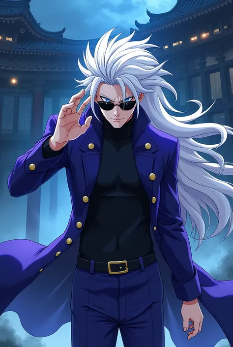 Draw a  Satoru Gojo, with the drawing style of Jujutsu Kaisen, Long white bristly hair, blue eyes, long white eyelashes, beautiful face, White skin, Almost purple blue coat with gold buttons and turtleneck, almost purple blue pants, black sunglasses, makin...