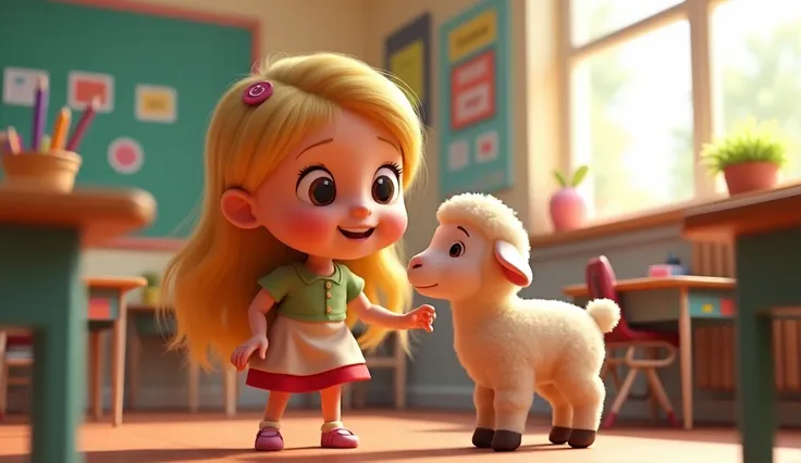 Pixar 3D anime style, A lamb came into the classroom with a blonde girl.