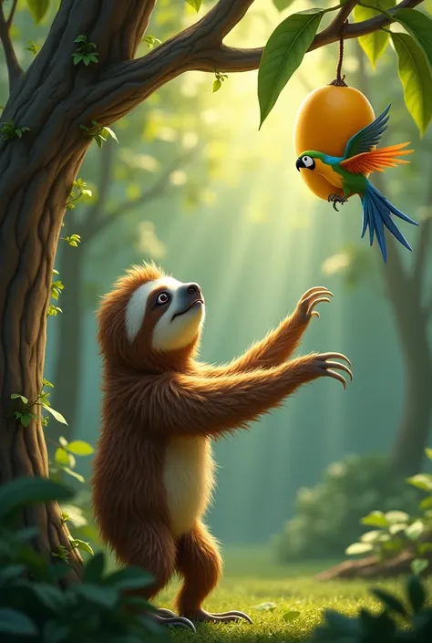 A sloth cannot reach the mango because the tree is too tall . The slot is pointing at the mango to ask the parrot in a branch to help him