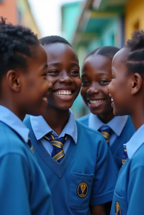 (photoréalisme:1.2), Young Nigerian students, dressed in blue school uniform, with tie, smiling, friendly look, blurred and colorful background.