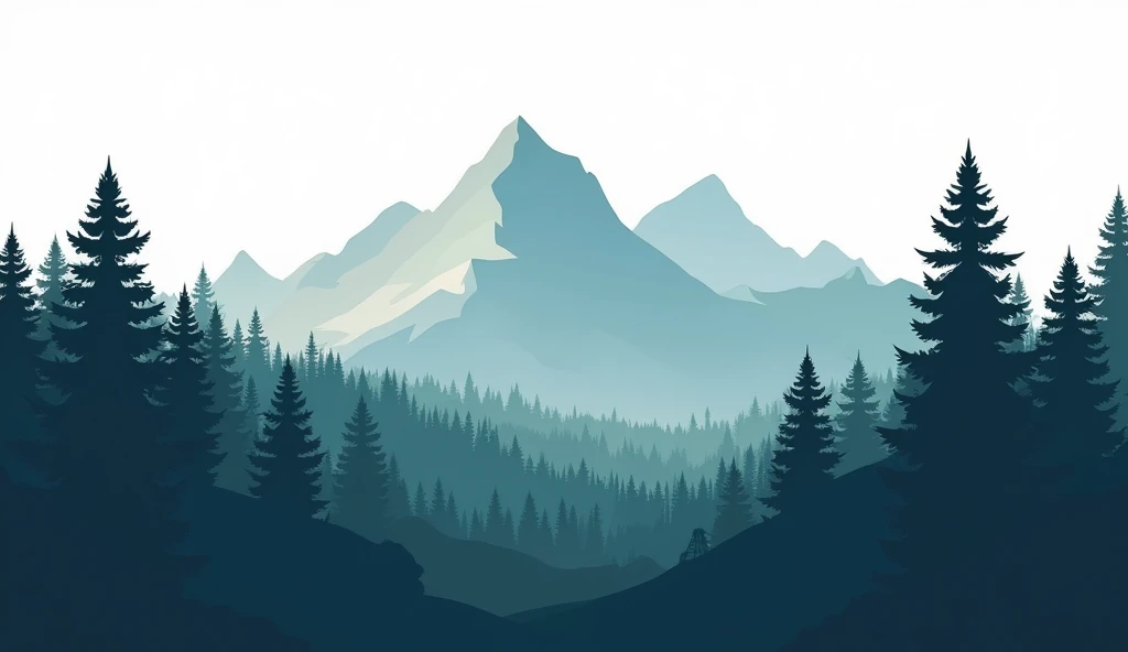 Forest and mountain, silhouette, color block, vector style, white background