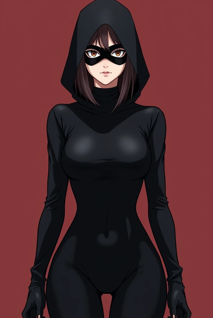 Black Night Clothes，Eye mask，Anime woman，Mature，assassin，Anime style，full-body shot，Solid color background，front Photo