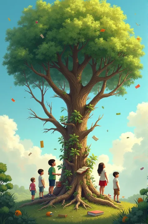 Draw children standing tall like trees, with their roots being books, pencils, and teachers, symbolizing education as their strength. The branches could bear fruits like success, knowledge, technology, and health, showing how they contribute to a prosperou...