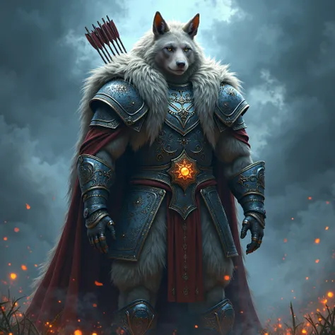  A man Druid, anthropomorficfic, high ornate armor, Fluffy Fur, nevoento, stormy, 70mm, cinemactic, highy detailed, life size man, Standing, with a quiver, magic lights, magical aura, bright lights, high ilumination