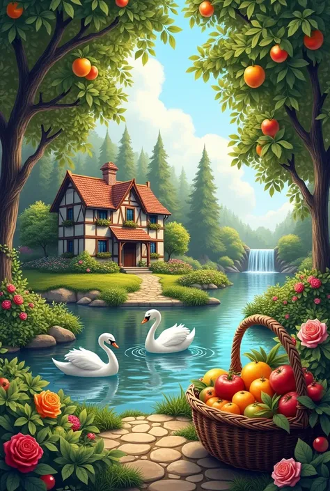 A house with a pond near it and swans drinking water with lot off trees having fruits in garden and roses and a waterfall behind the house and a lot of greeenery
add a bucket of fruits