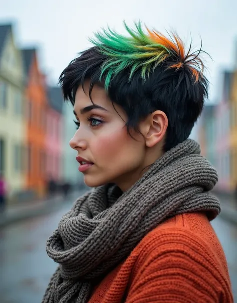 (((( profile portrait)))), profile portrait, Beautiful (((Latina))) girl named Luna, profile face, Her hair is styled in a short pixie cut with neon green and orange highlights over coal-black hair, 20 years old, beautiful light blue eyes, (((cute face))),...