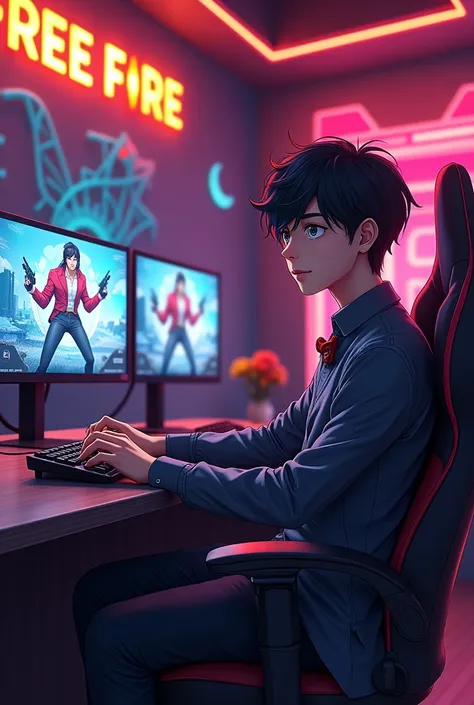 A smart and atiduid style boy anime 18 years 
 Gaming studio.
That is a rich studio and verry beautiful  
He is sitting and playing videogame free fire. And studio nem is (𝙍𝙖𝙟𝙪  𝙜𝙚𝙢𝙞𝙣𝙜)
Very style to raid