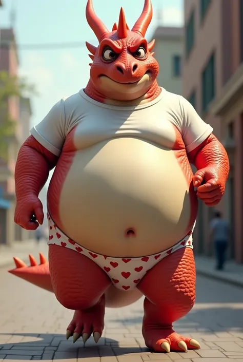 Red male dragon, anthropomorphic, Extremely obese, huge round belly, white tight short sleeves t-shirt, heart underpants, belly half visible, running, tired, NSFW