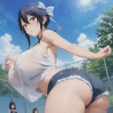 Anime image of a woman wearing a white tank top and blue shorts, tits, Nagatoro, Naughty anime style, Naughty, Beautiful anime girl crouching, Enchanting anime girl, Eat and drink, Big Breasts!!, Real young gravure idol, Anime Moe Art Style, 8k!, High reso...