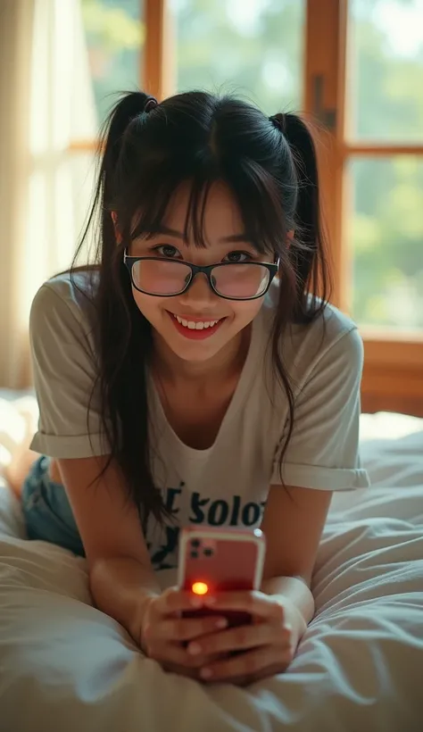 show entire body, feet in view. An Asian supermodel with pigtails and glasses. Big breasts. She is wearing a "lofiandhose" t-shirt, a short denim skirt, and sheer black pantyhose. She is laying prone on a bed with her feet up, smiling and pointing her phon...