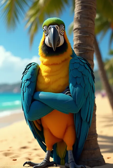 Nsfw, rio movie, Tiago a male Spix macaw, leaning against a Palm tree, Copacabana beach, tapering penis and testicles, arms crossed, smug face, looking at viewer, smiling, daytime