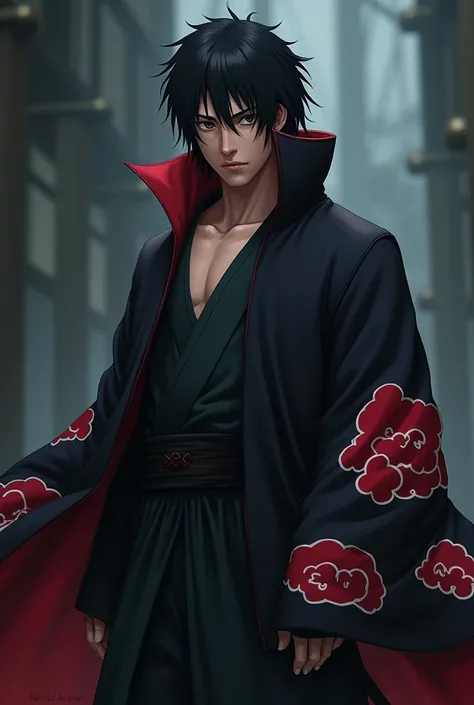 a breathtaking portrait of Rock Lee, the legendary ninja from the Naruto universe, wearing the iconic Akatsuki robe, 1man, detailed facial features, black eyes, chiseled jawline, intense gaze, black hair, Akatsuki robe with red cloud pattern, highly detail...