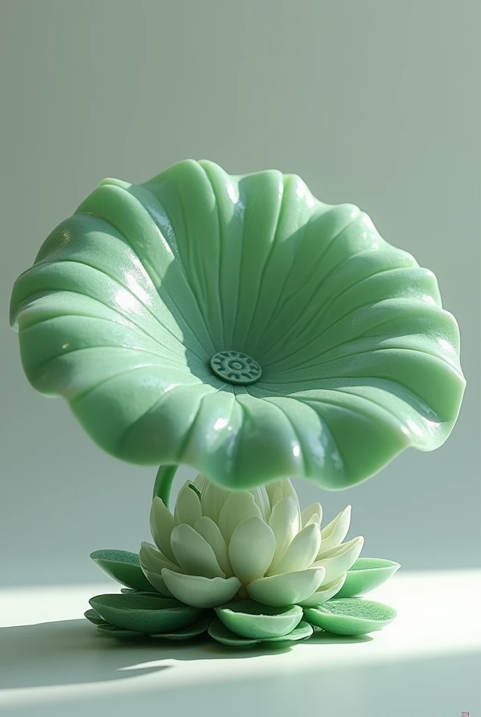 Lotus leaf with rhizome made of jade，Highest quality，Rich in details，Realistic，Beautifully carved，Bright light source，