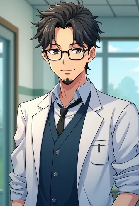 A beautiful looking anime character of a dentist with a charming personality and a lot of intelligence. He wears rectangular glasses, wears a medical vest, has black eyes, black hair, has charisma, has a beautiful black mustache, and has a small beard unde...