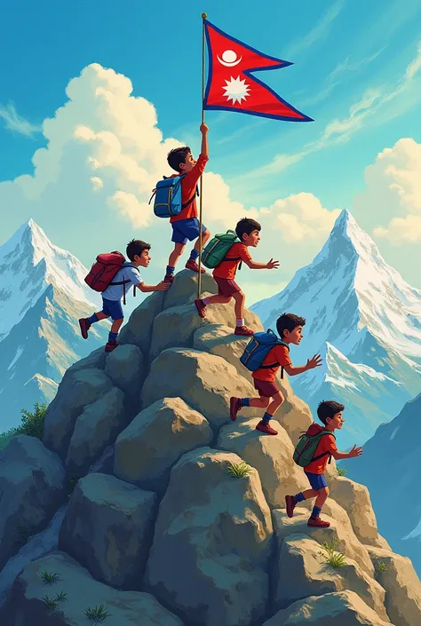 Depict children climbing a mountain that represents challenges like poverty, lack of education, and discrimination. As they reach the top, they wave the Nepali flag, showing victory and growth.
Using vibrant colors, positive expressions on the children’s f...