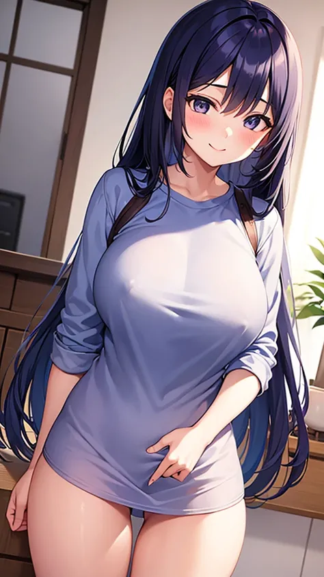 Young female, elementary school student, indigo hair, long hair, smiling face, huge saggy breasts, shirt showing nipples, thick legs, large penis growing between her legs, bottomless, living room, seduction, sexual, lewd, futanari