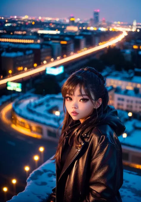 arafed woman in a leather jacket standing on a ledge overlooking a city, messy bun hair style, good lighted photo, lalisa manobal, tzuyu from twice, korean girl, 8k artgerm bokeh, blackpink jennie, lalisa manoban of blackpink, portrait of jossi of blackpin...