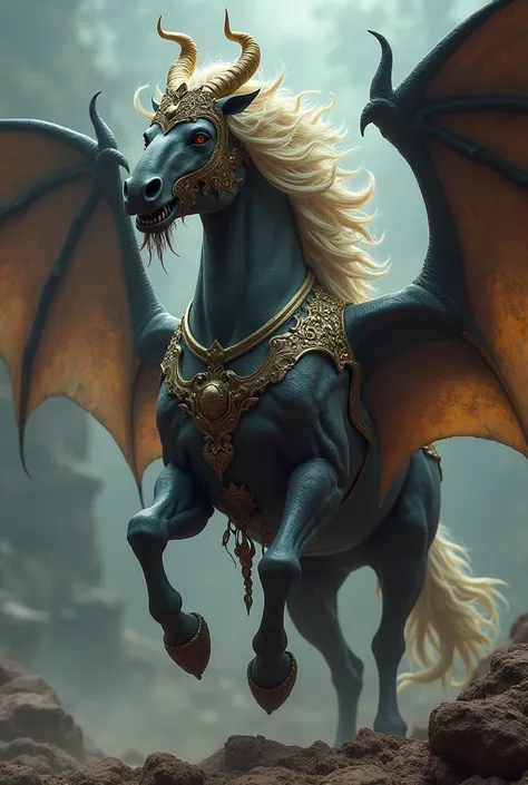 black evil demon horse with humanoid face ready for war with a golden crown on its head having big mouth big teeth with sharp fangs, that has wings, that has hair like a woman that has a breastplate of iron, that has a scorpion tail with a sharp stinger