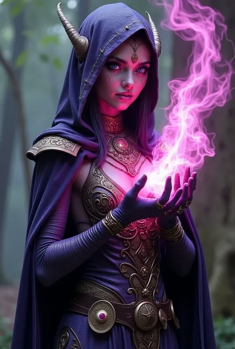 A pretty female elf mage staring at camera, she looks like a dragon very magical, perfect dark purple and scale skin tone colour with intricate patterned detailed embroidered dark cape, very detailed, HD, ultra realistic, natural breast size, many jeweller...