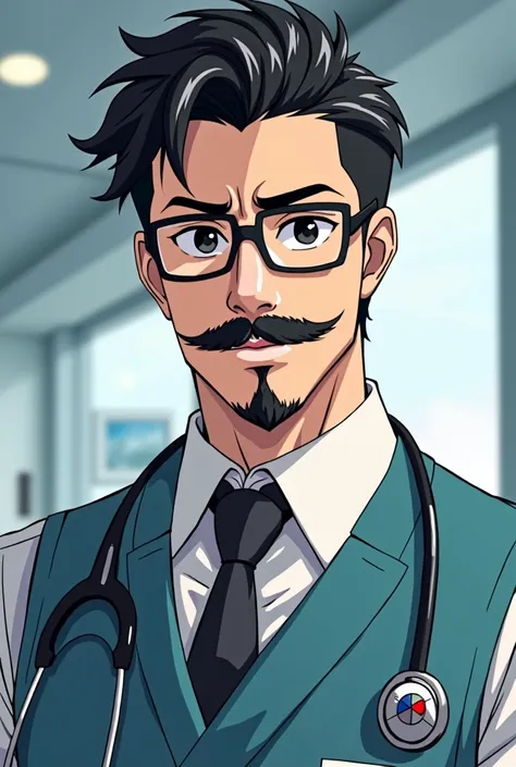 Anime character: A good-looking dentist with a charming personality, mostly intelligent, wearing rectangular glasses, wearing a medical vest, black eyes, black hair, charisma, a beautiful black mustache, and a small beard under the chin.                   ...