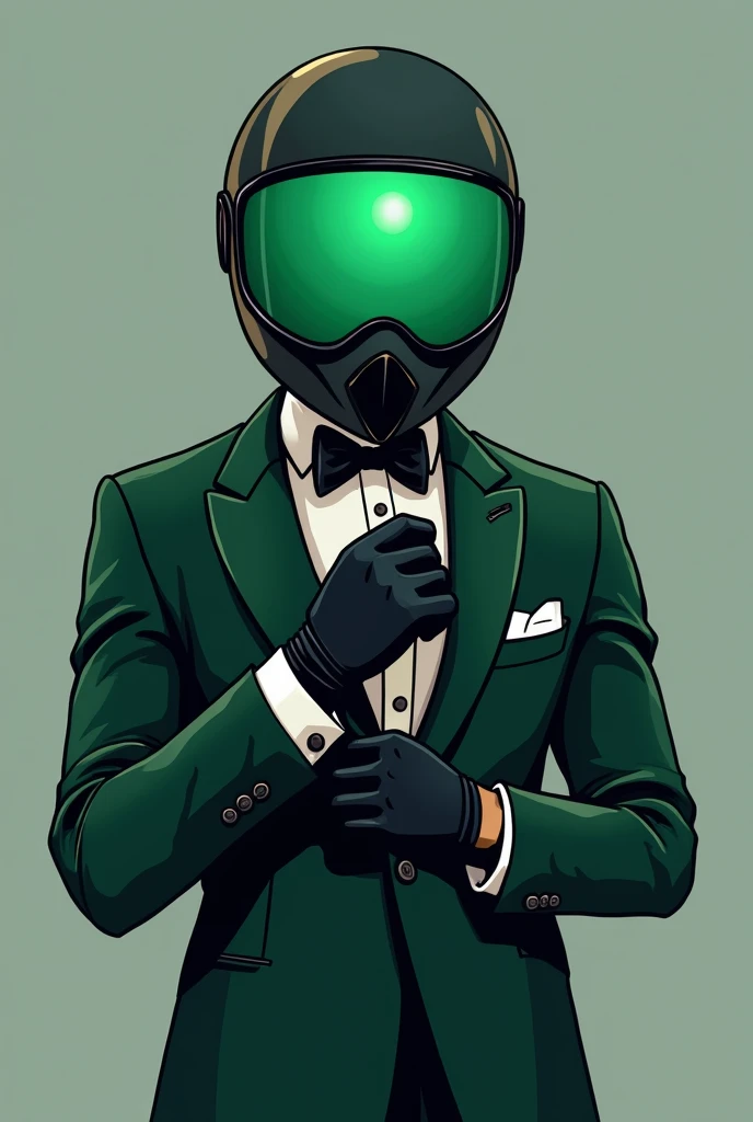 With a more cartoonish tone man wearing a dark green elegant tuxedo suit, with black gloves. The black motorcycle helmet that covers his entire face, with a polarized green visor 