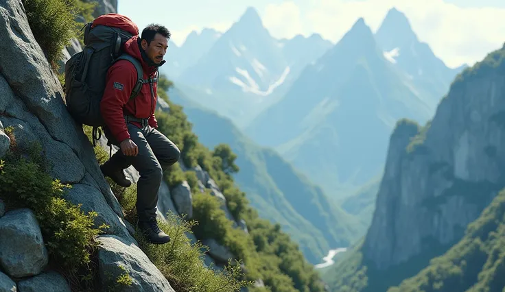 give me a realistic asian man in hiking gear on the left side of the image climbing a mountain in asia