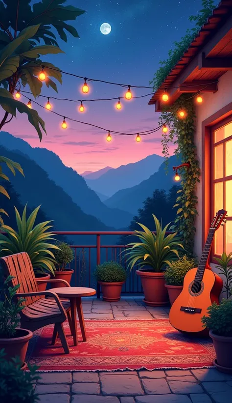 2D anime wide range cozy terrace, sofa ,
 orange string lights,leafy tropical plant pots, gypsy aesthetics,sttary pink blue sky,earthy stones, colrful string lights guitar, shed, boho carpet, cozy atmosphere , night time  ,micro landscape intrinsic details...