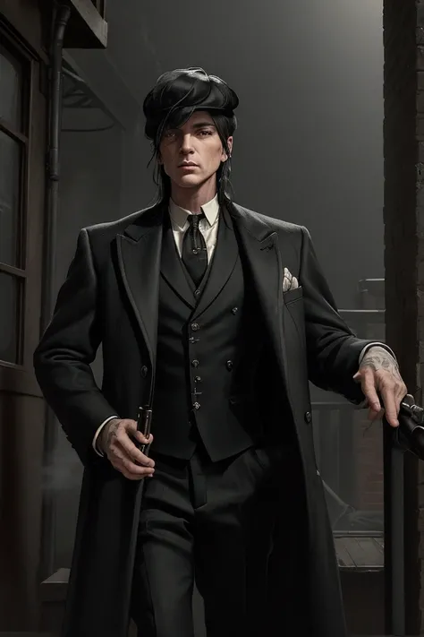 Create an image of a male gangster with the style inspired by the Peaky Blinders with no hat. He is wearing a vintage three-piece suit, long hair pushed back with curly hair, poker face with facing forward, and a long overcoat. The man exudes confidence an...