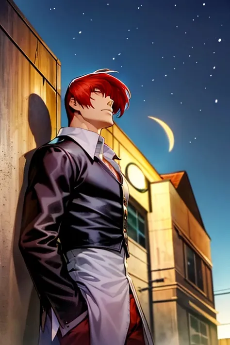 leaning back against the wall of a back alley, looking up at the sky, midnight, dark sky, night view, crescent moon, red hair, m...