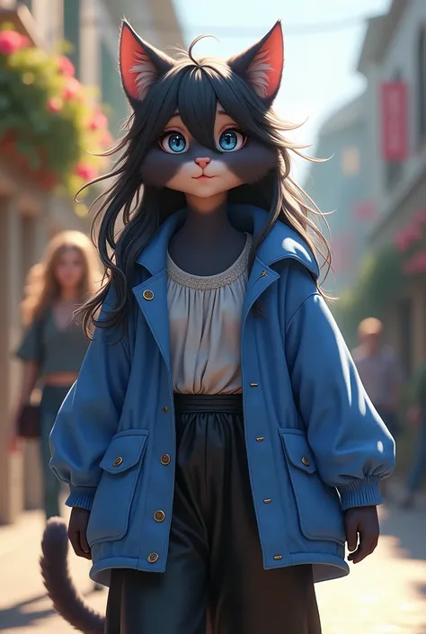 best quality, high quality, 4K images, 1Furry cat Girl, Perfect Anatomy, Has black fur, Her soft hair, Wearing a blue coat and black peasant pants, blue eyes, Beautiful wolf eyes, Walking in the street, Shy laugh, sunny