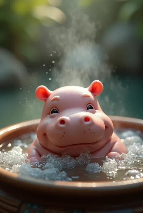 Create an image of a cute little hippopo soaking in a boiling hot pot. Light and shadow, realistic image.