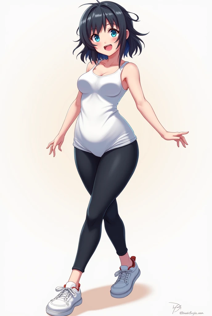 Anime cute girl blue eyes big boobs white top black pant white sneakers 