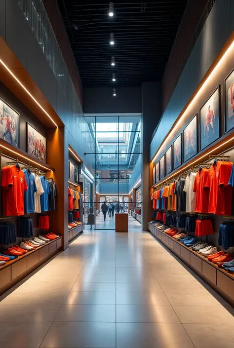 There are no people in the football clothing store in the famous shopping mall.