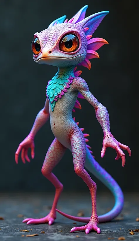 Create a standing, colorful, bipedal creature that resembles a blend between a chameleon and a bird. It has large expressive eyes, scales with a metallic sheen, and vibrant feathers around its neck and tail. The creature has long arms with clawed fingers a...