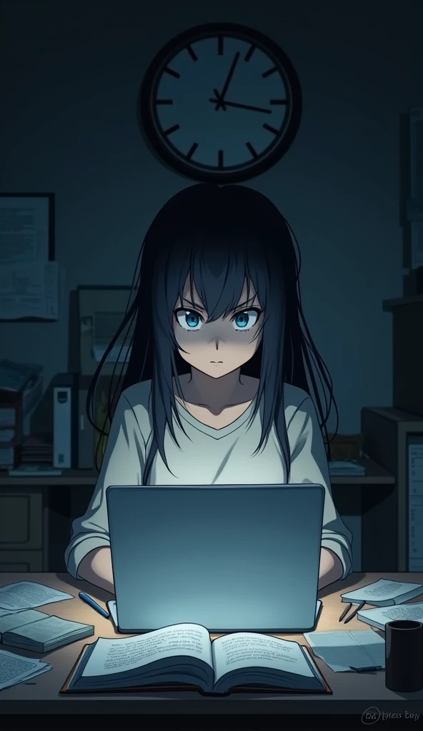 A focused university student named Misaki sitting at a desk in a dimly lit room, intensely typing on a laptop. She is surrounded by scattered notes and books. There is a clock on the wall in the background showing it is late at night.