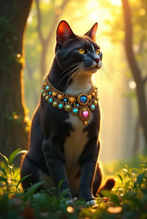 A majestic, muscular cat with a sleek, shiny coat adorned with sparkling jewels stands proudly in a sunlit forest. The trees are tall and lush, with rays of sunlight filtering through the leaves, casting a golden glow on the cat.