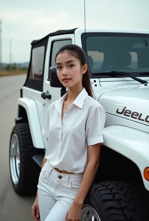 Girl in white pent shirt pic with modified alloy wheels white Wrangler jeep sitting on bonut 