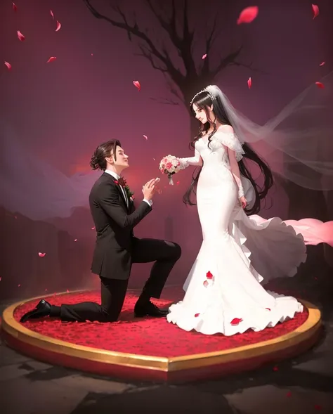 Bride and groom on a red carpet with falling petals, wedding, Love concept art, Romantic, true love, ❤🔥🍄🌪, please, Man proposes to his girlfriend, them ), Pose 1 / 1 6, Fan Art, wedding photo, Bride and groom, Edward, Dōjin works, Dōjin works ”, [[fantasy]...